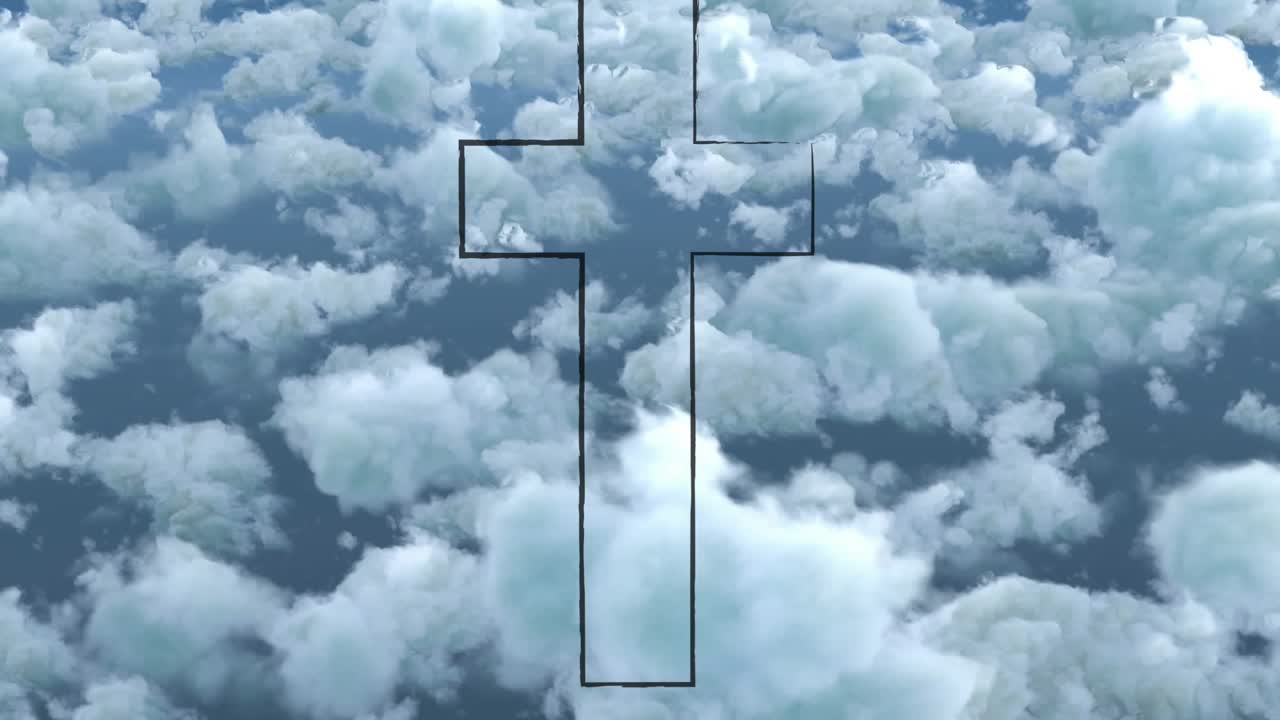 Thin black Latin cross outline staying fixed while drifting cumulus clouds shifting light behind