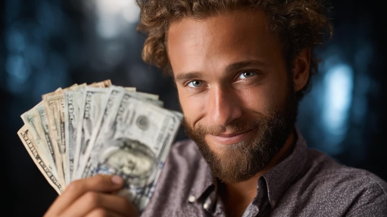 Giovane uomo sicuro di sé che tiene in mano una manciata di contanti, che irradia positività e successo con un sorriso affascinante, su uno sfondo sfocato, a simboleggiare la ricchezza