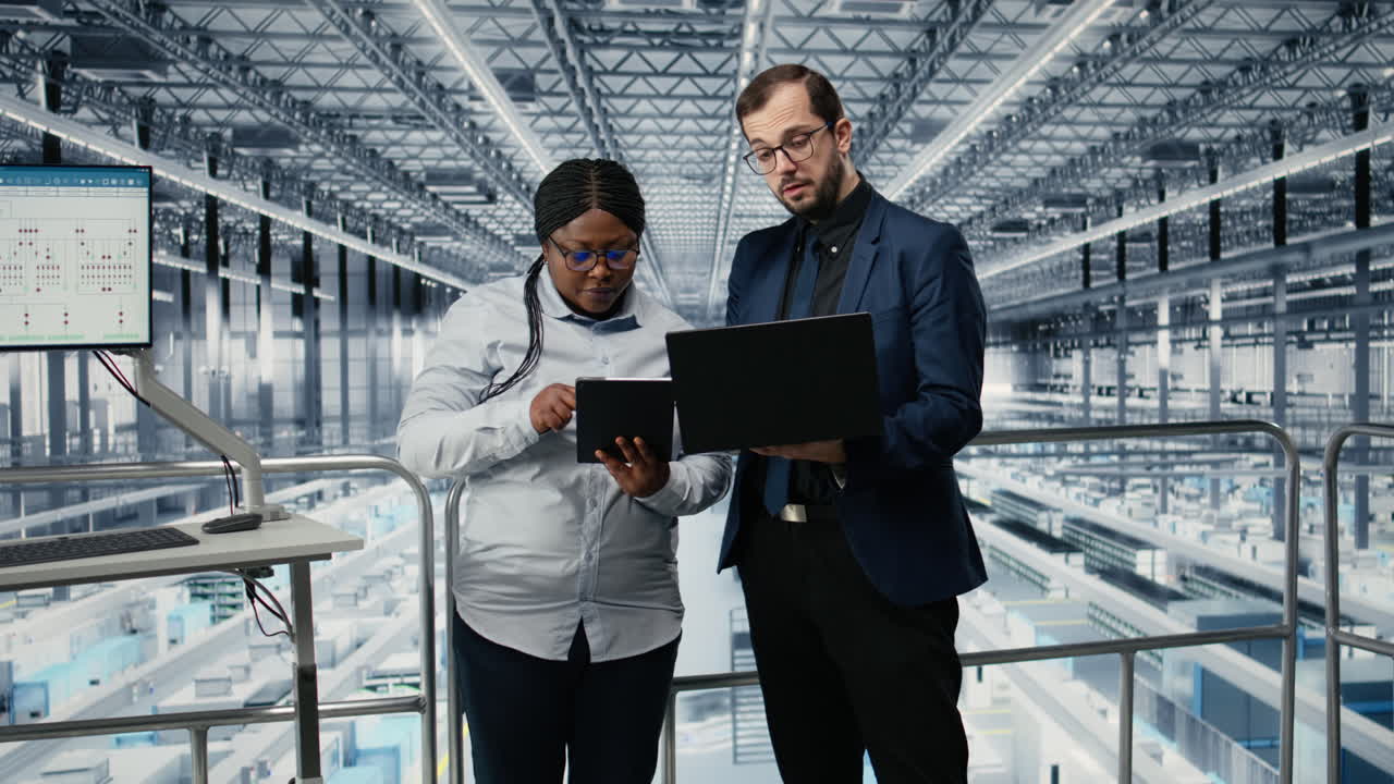 Donna che ottimizza il flusso di lavoro di una fabbrica di microchip con un collega, utilizzando software EDA.