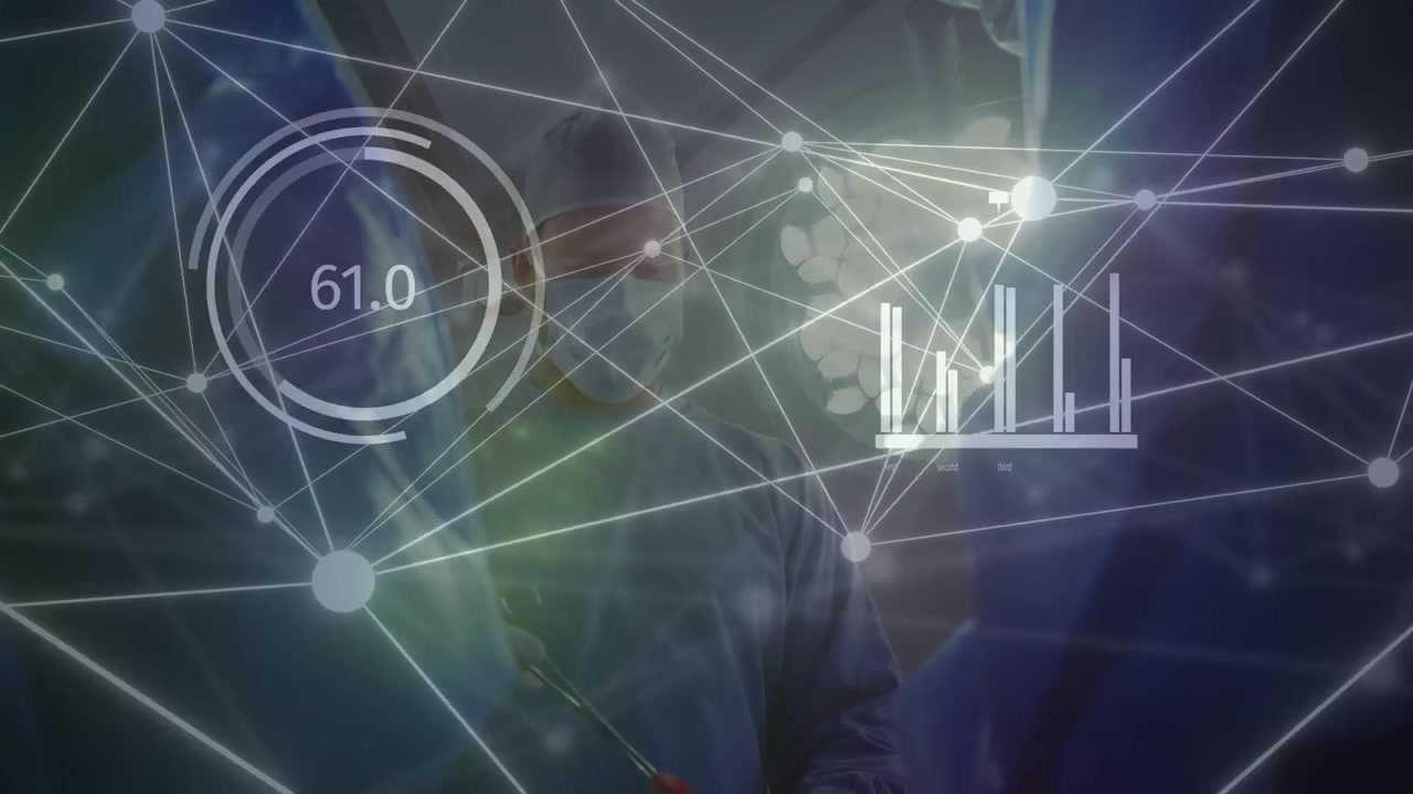 Surgeon standing under surgical light, HUD sweeping and revealing instrument while gauges updating