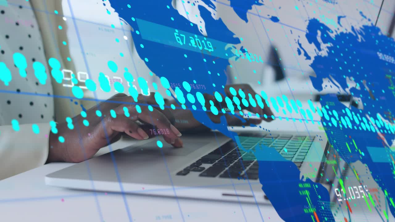 Woman typing on laptop, initiating analytics overlay visualizing numbers with world map, teal dots
