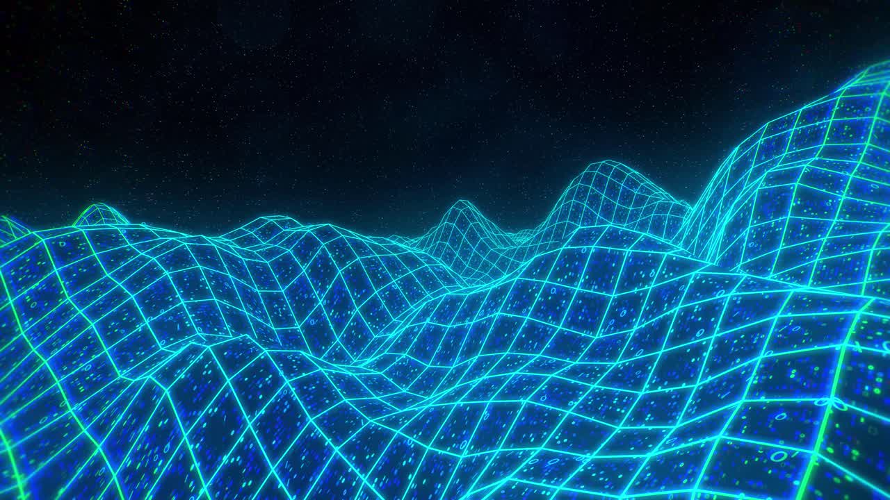 Landscape terrain flyover binary retro video game 3d vector arcade wireframe 4k