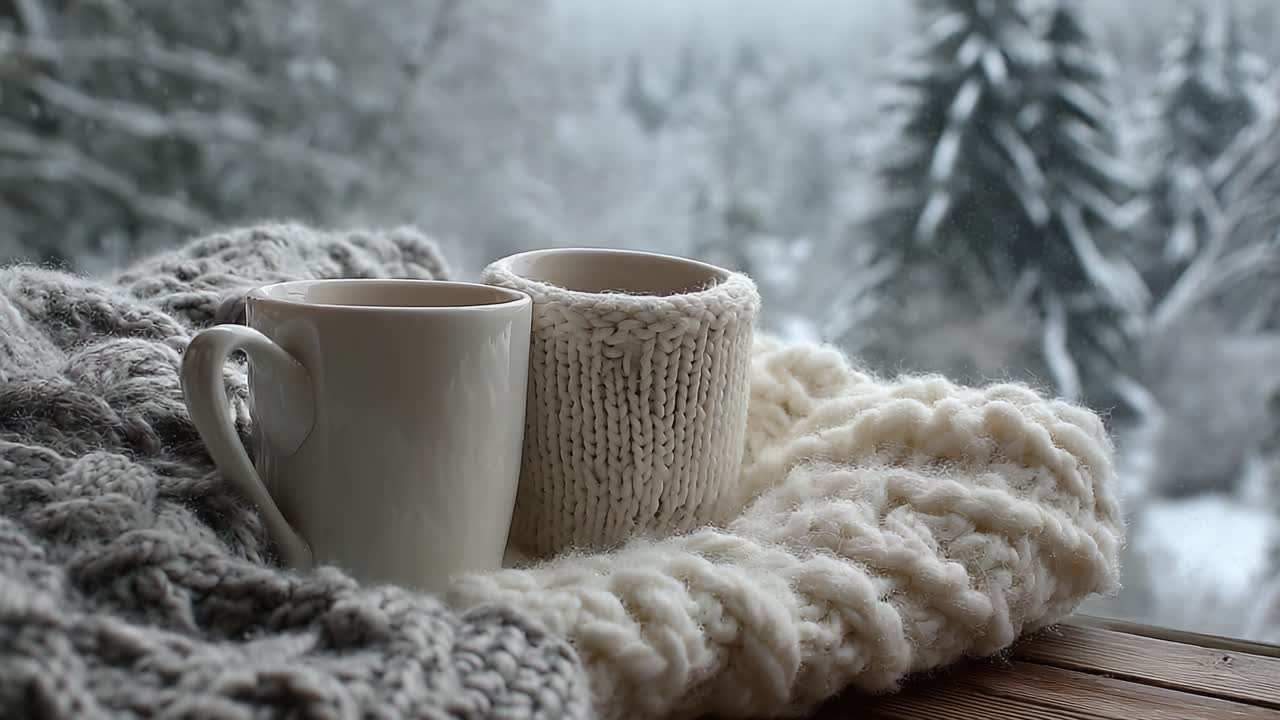 Due Tazze Accoglienti Poggiate su una Calda Coperta Vicino alla Finestra, Circondate da un Tranquillo Paesaggio Invernale e Fiocchi di Neve che Cadono Dolcemente in un'Atmosfera Serena.