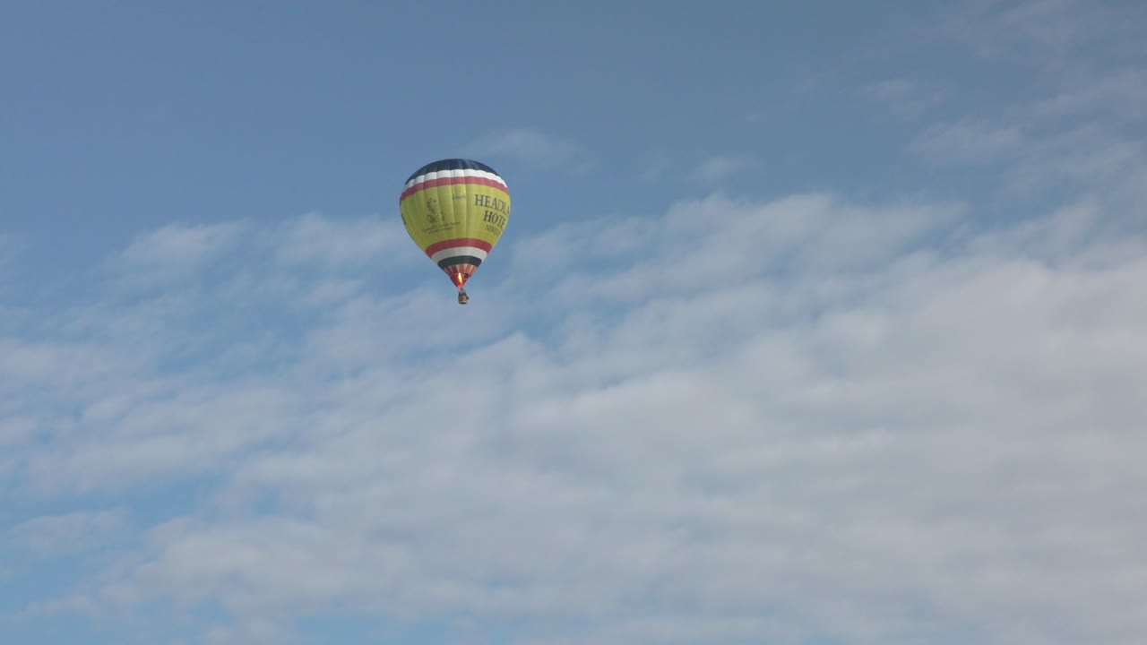 tracking shot of the Headlands Hotel hot air balloon flying over Newquay