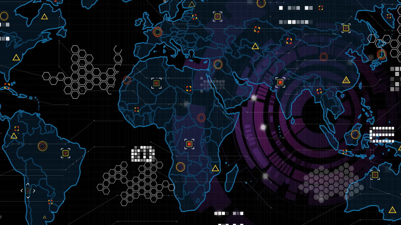 Animation of digital world map with data points and geometric patterns overlay