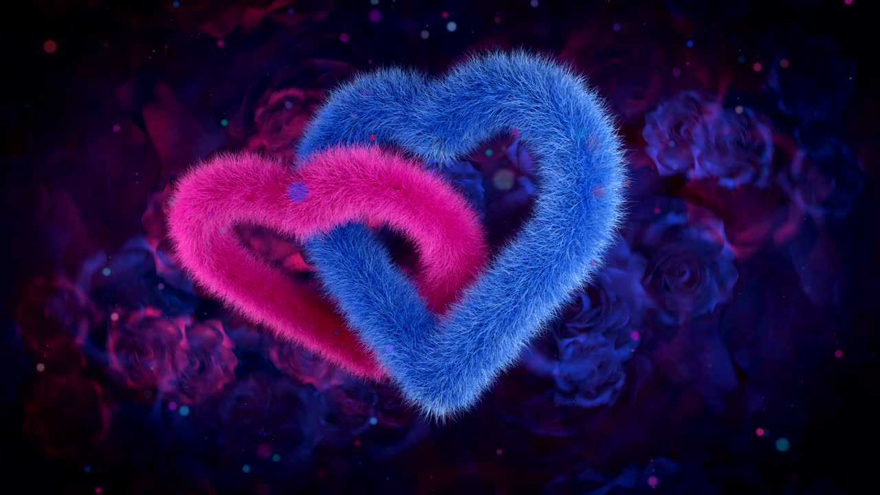 Union of gender hearts, blue pink on color rose bg