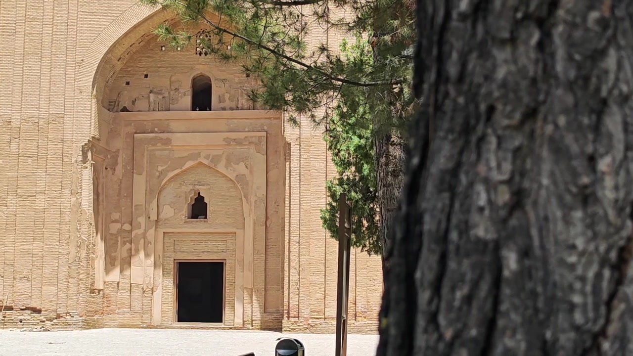 Antico ingresso di moschea in mattoni incorniciato da un tronco d'albero