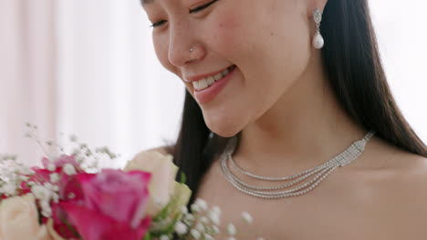 happy, smile and asian bride with flowers