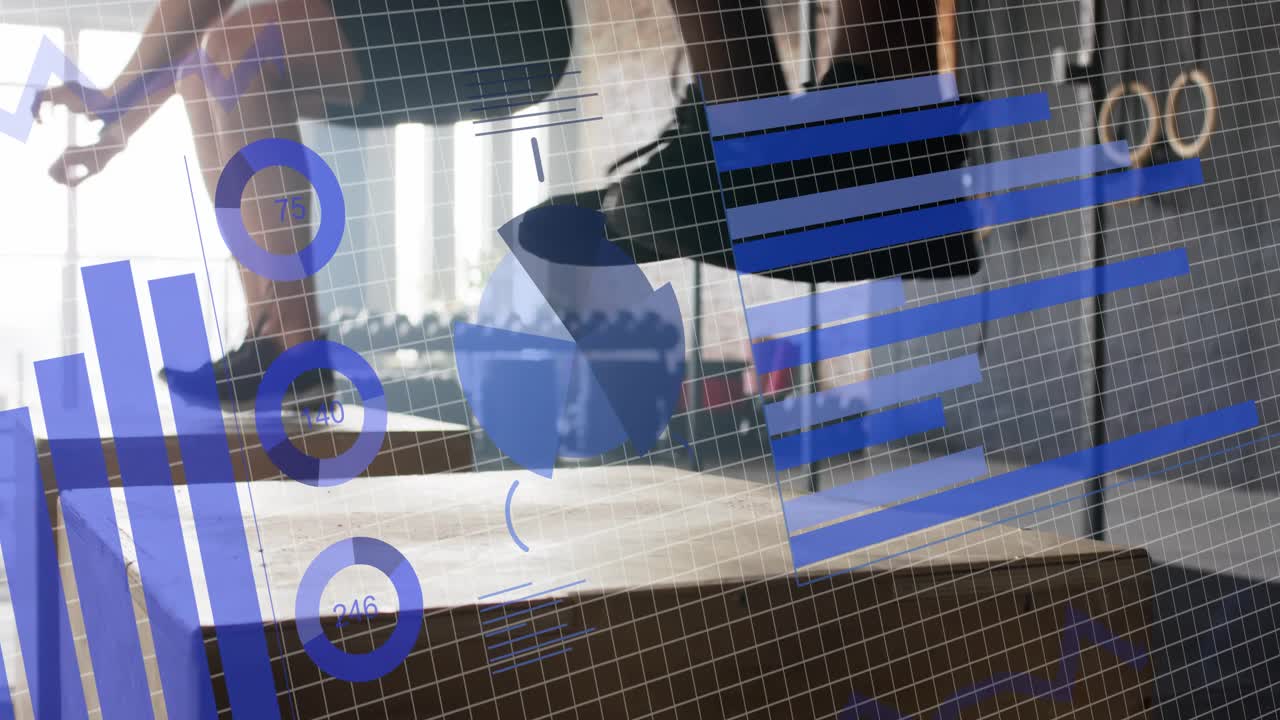 Vertical video: Approaching woman in shorts, man moving bag onto loft box for workout, data overlay