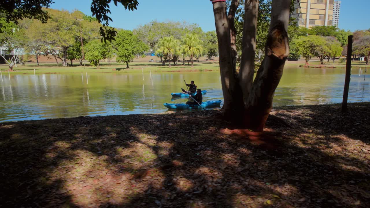 People kayaking on a sunny day in a park lake