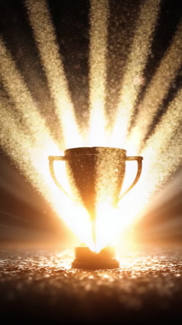 Un Trofeo Scintillante Circondato da Luce Radiosa, che Simboleggia Successo e Vittoria in Momenti Celebrativi Pieni di Scintille ed Effetti Luccicanti