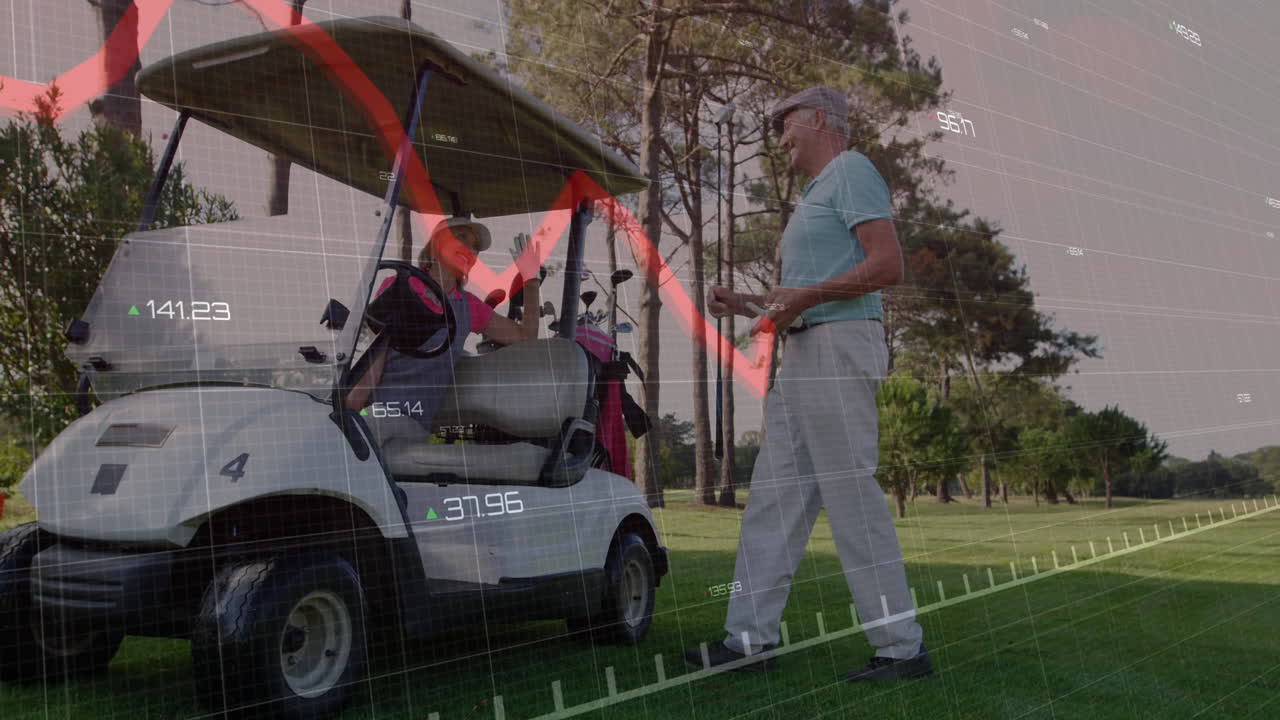 Two golfers beside golf cart high-fiving on fairway, showing analytics grid and red graph overlay