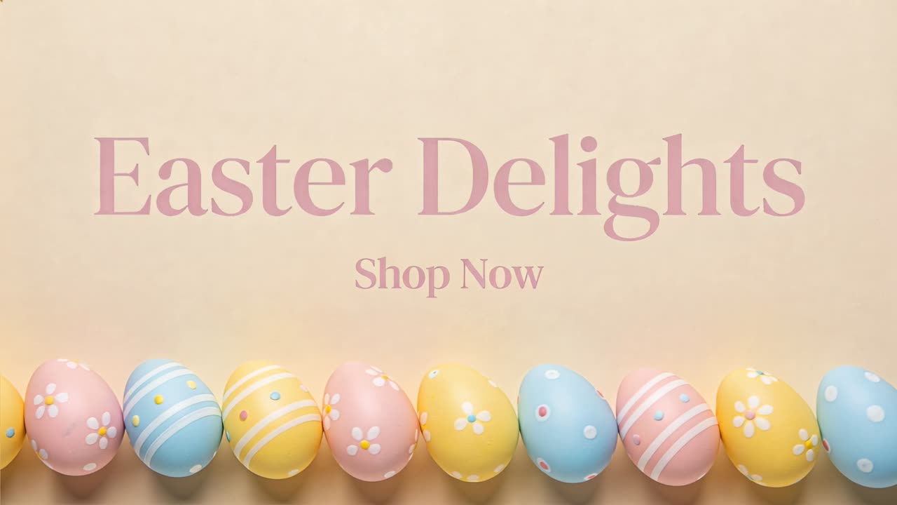 Animazione di un layout promozionale centrato all'inizio del ciclo, uova di Pasqua pastello che fluttuano evidenziando
