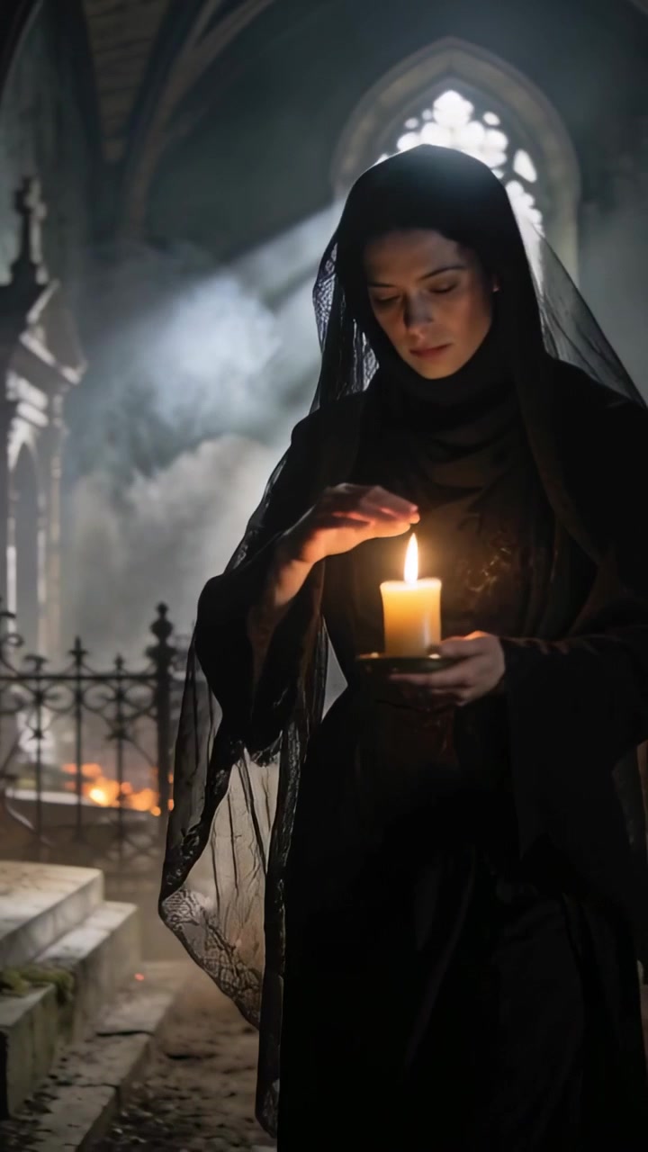 Video verticale: Reagendo a un raggio di sole, donna velata di nero che protegge una candela per onorare le tombe in chiesa