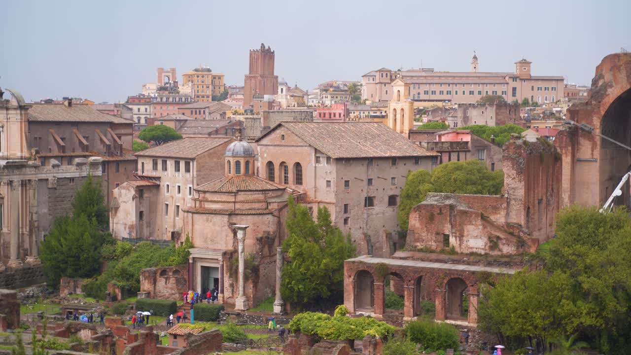 Scenic cityscape overhead view of Rome, Italy, old ruins and archaeological UNESCO outdoor historic attraction, static