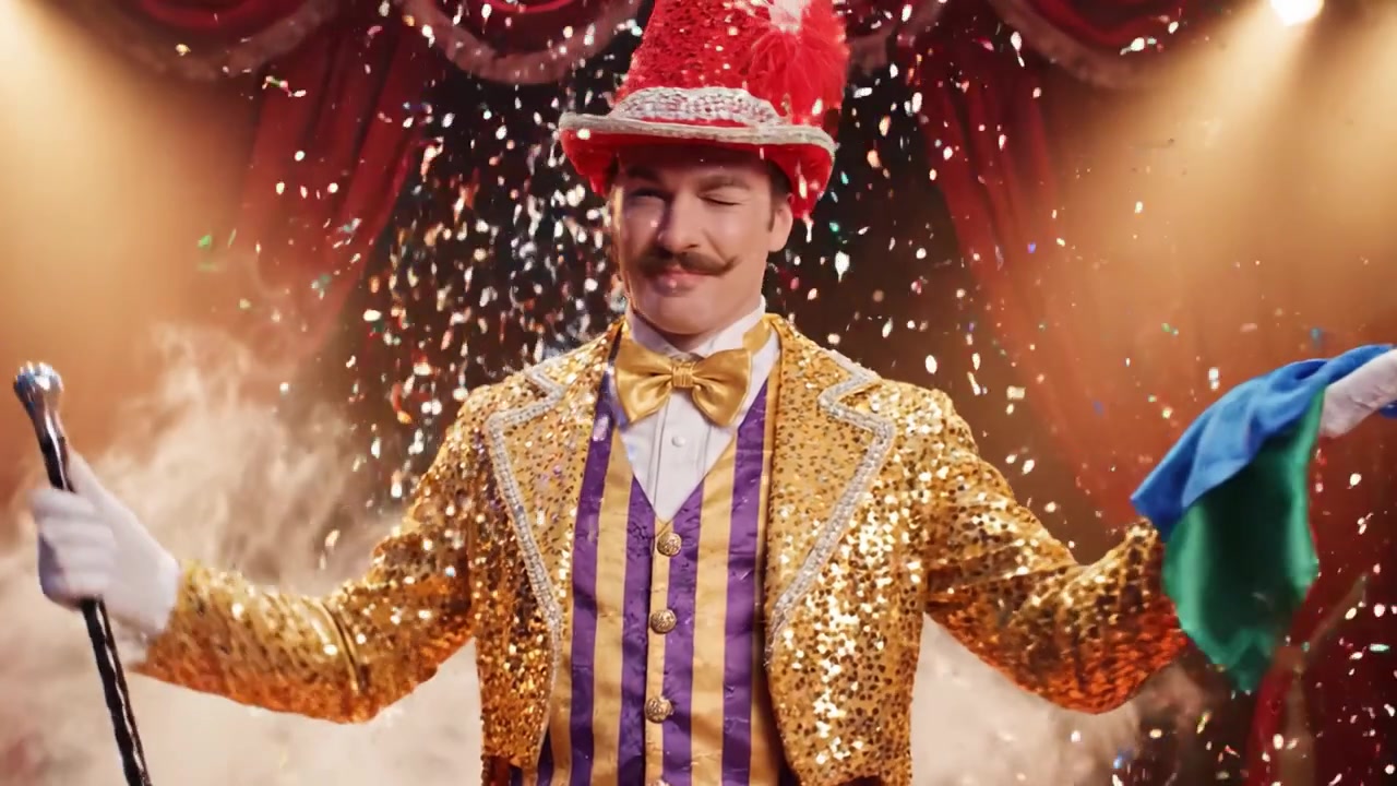 Captivating Performer in Glittering Costume with Hat and Cane, Showcasing a Magical Moment on Stage Surrounded by Red Curtains and Sparkling Confetti
