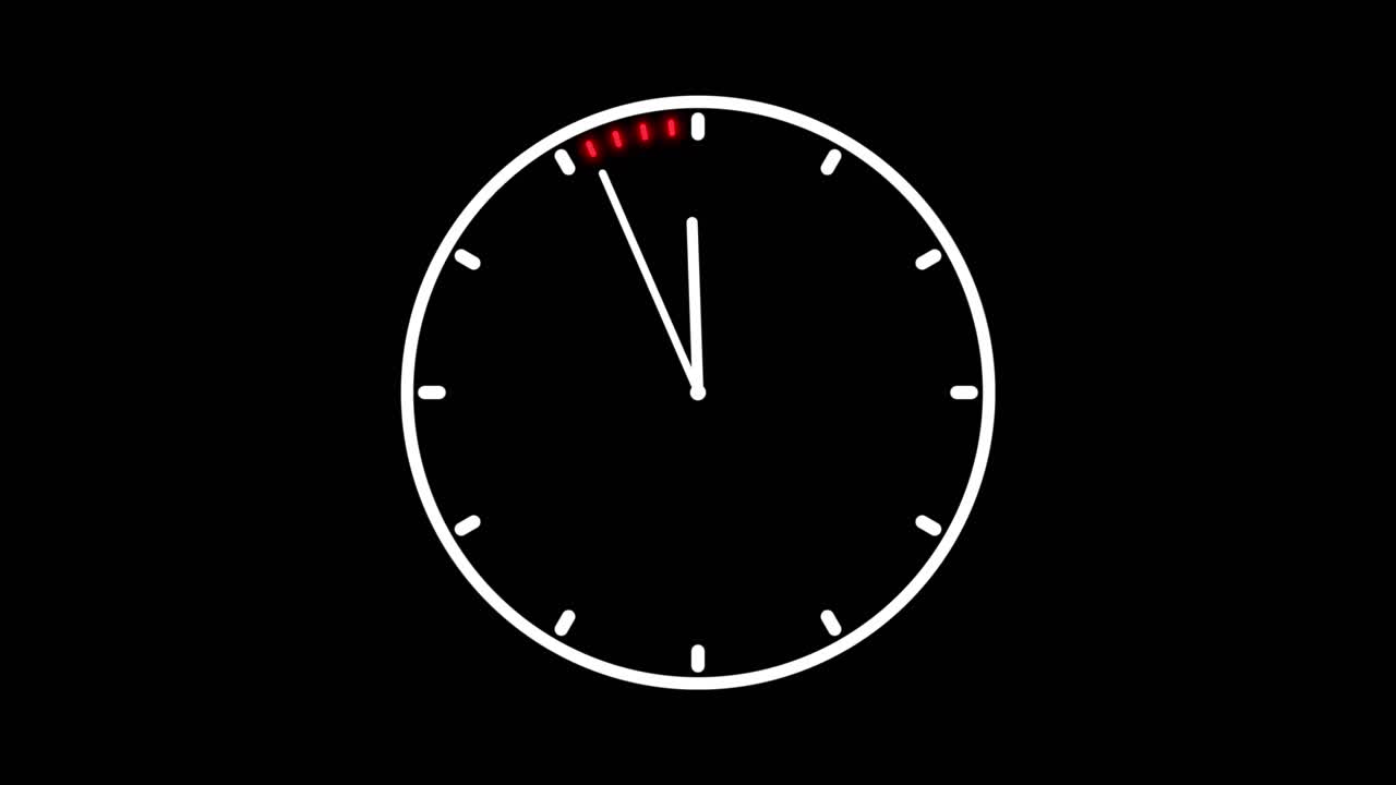 Timelapse animation of white clock on black background counting the 24 hours of the day passing fast and slowing down at the last 5 seconds
