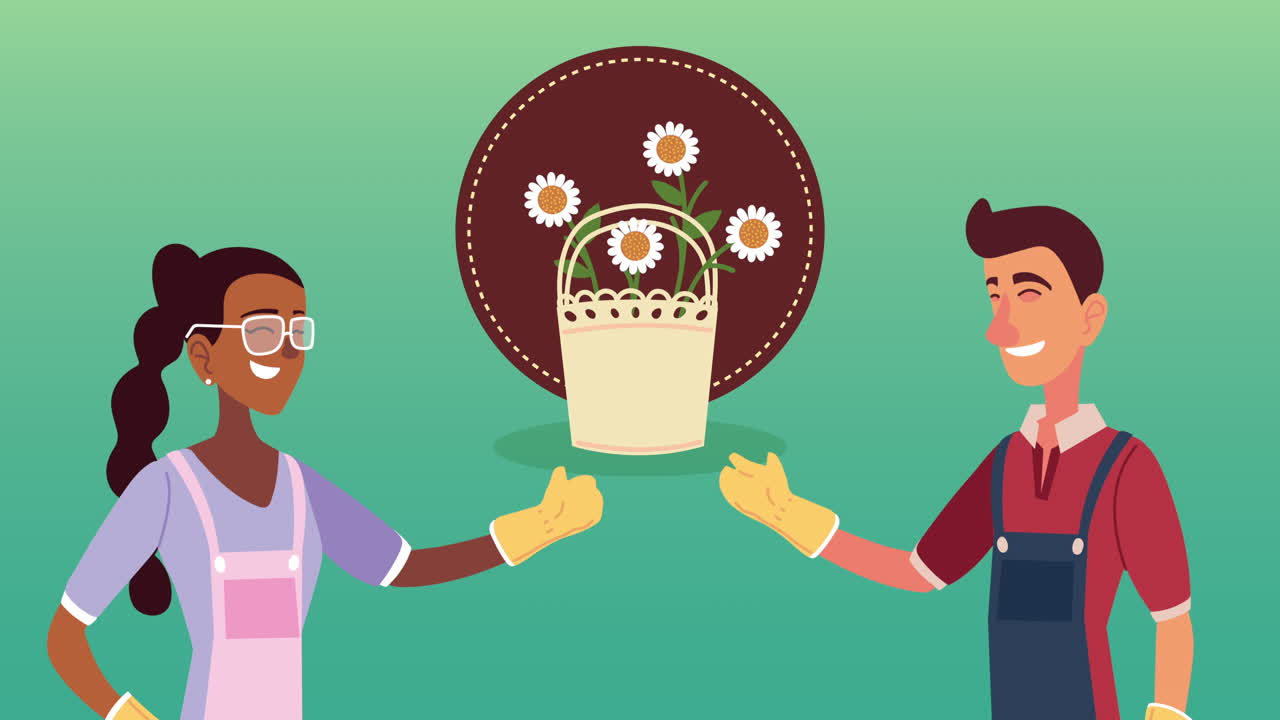 행복 한 정원사 들 이 꽃 을 나누고 있다