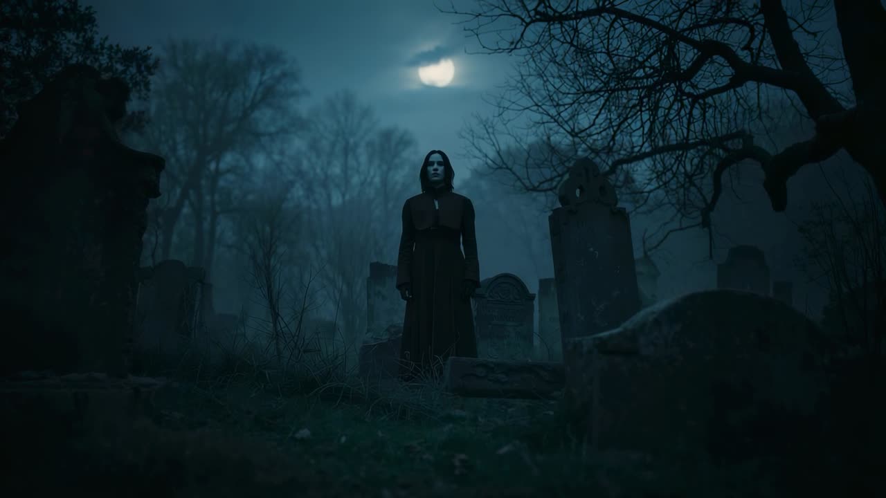 Camera revealing cemetery at night woman wearing black dress by graves with mist drifting