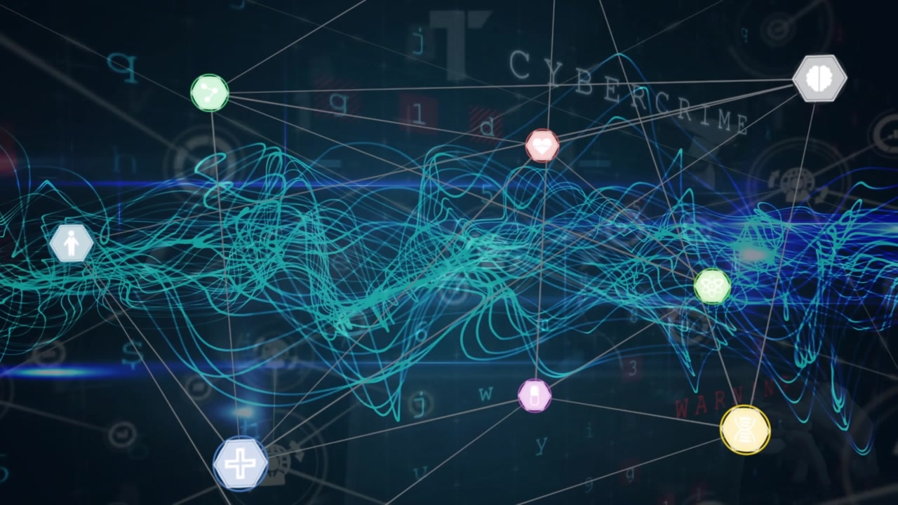 Animation af forbindelsesnetværk med lysstier og databehandling på sort baggrund