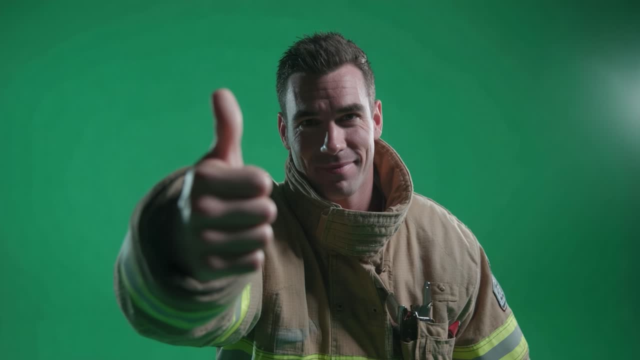 A Confident Firefighter Posing with a Thumbs Up Against a Green Screen Background, Showcasing Dedication and Professionalism in Emergency Response