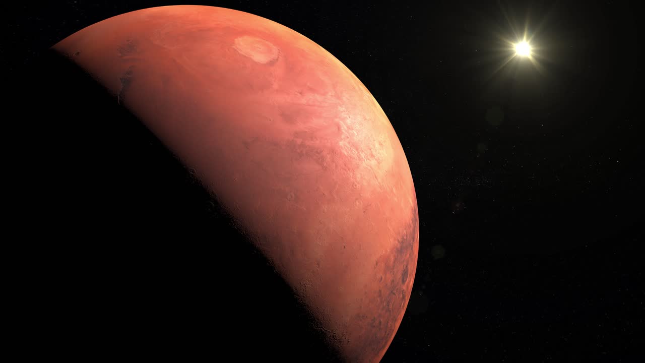 Kinematisk opptak av Mars som svever i mørket i verdensrommet