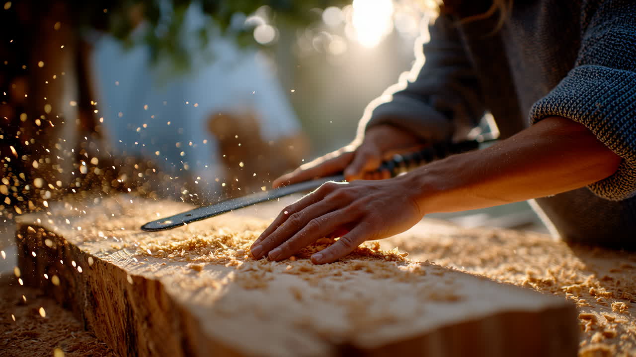 Woodworking in golden light. Hands skillfully carve a wooden piece in warm sunlight, creating wood shavings and showcasing craftsmanship in action