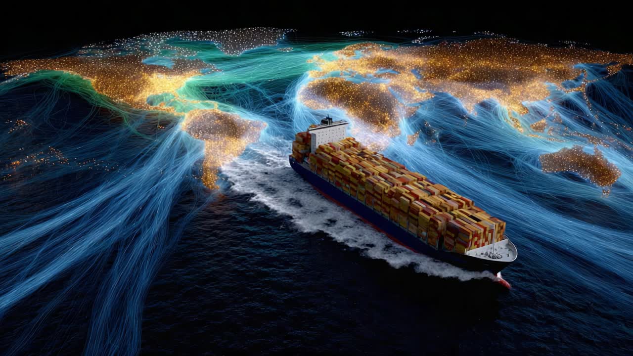 A Visually Stunning Representation of Global Shipping Routes Illustrating Cargo Movement Through an Interconnected World Map with Illuminated Trade Pathways
