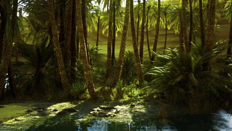 vibrant tropical jungle with lush greenery and a serene water body