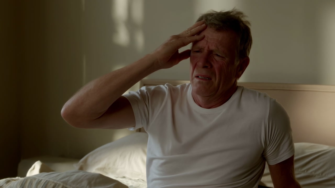 Older White Man Clutching Head In Dim Bedroom At Sunrise, Retired Teacher Wincing From Intense Headache, Hand