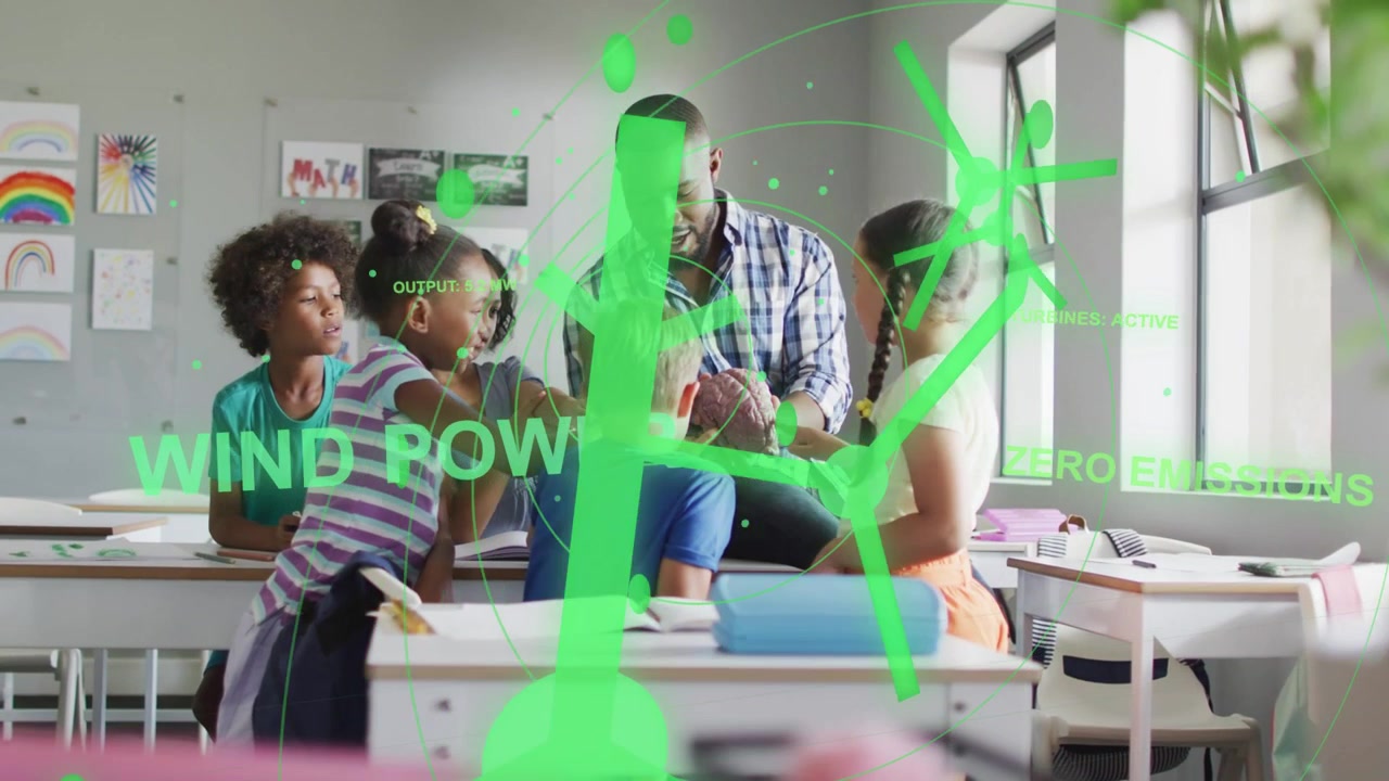 Teacher guiding students touching model, teaching wind power as green holograms overlaying scene