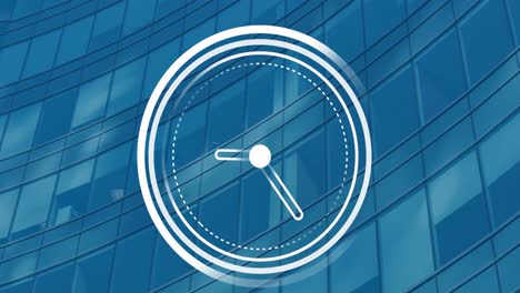 Animation-of-ticking-clock-icon-against-view-of-tall-building