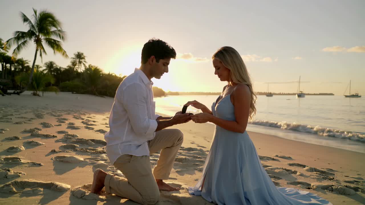 Kneeling man proposing marriage by presenting open ring box on sandy beach at sunset, woman gasping