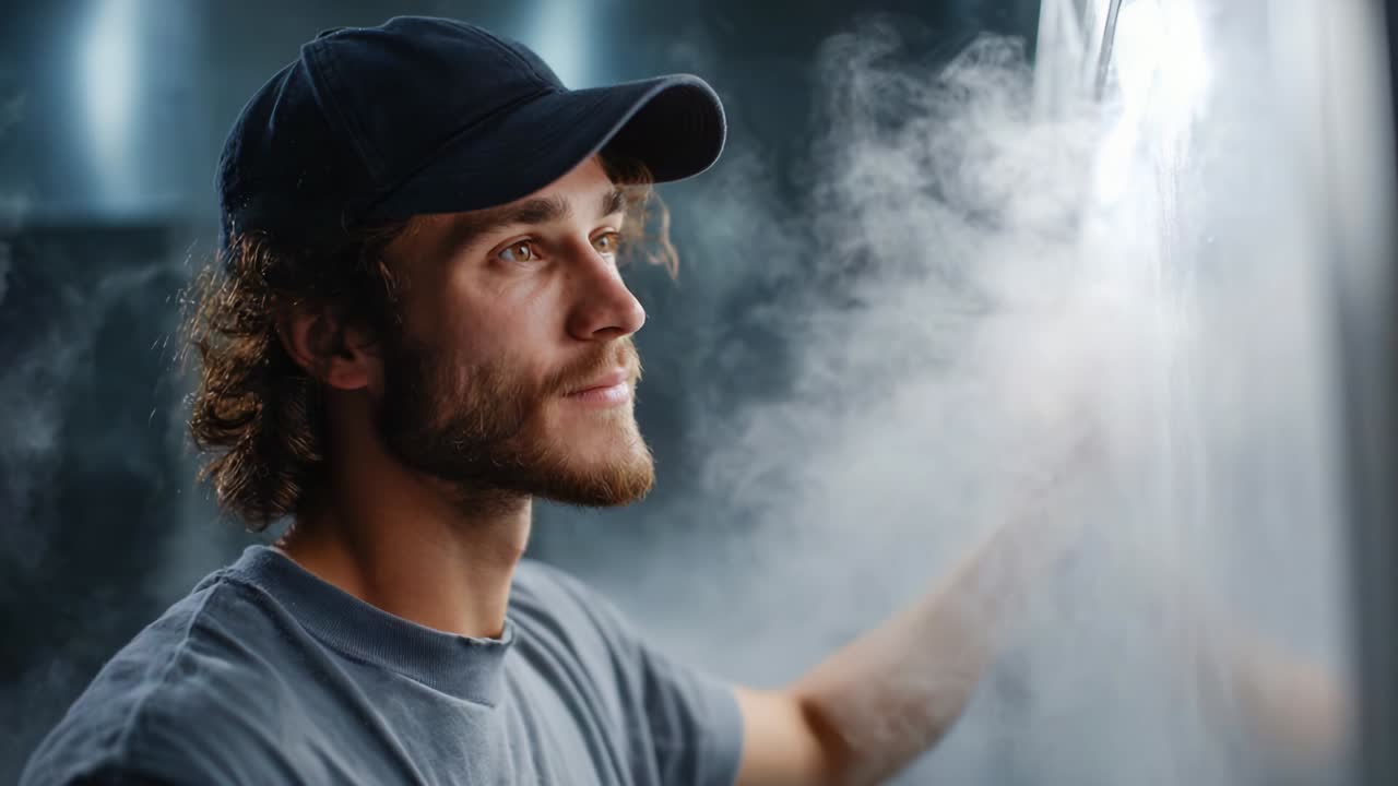 A Thoughtful Young Man Gazes Intently at a Foggy Surface, Contemplating Life's Mysteries While Engulfed in a Cloud of Mist, Capturing the Essence of Reflection and Introspection in an Atmospheric Setting