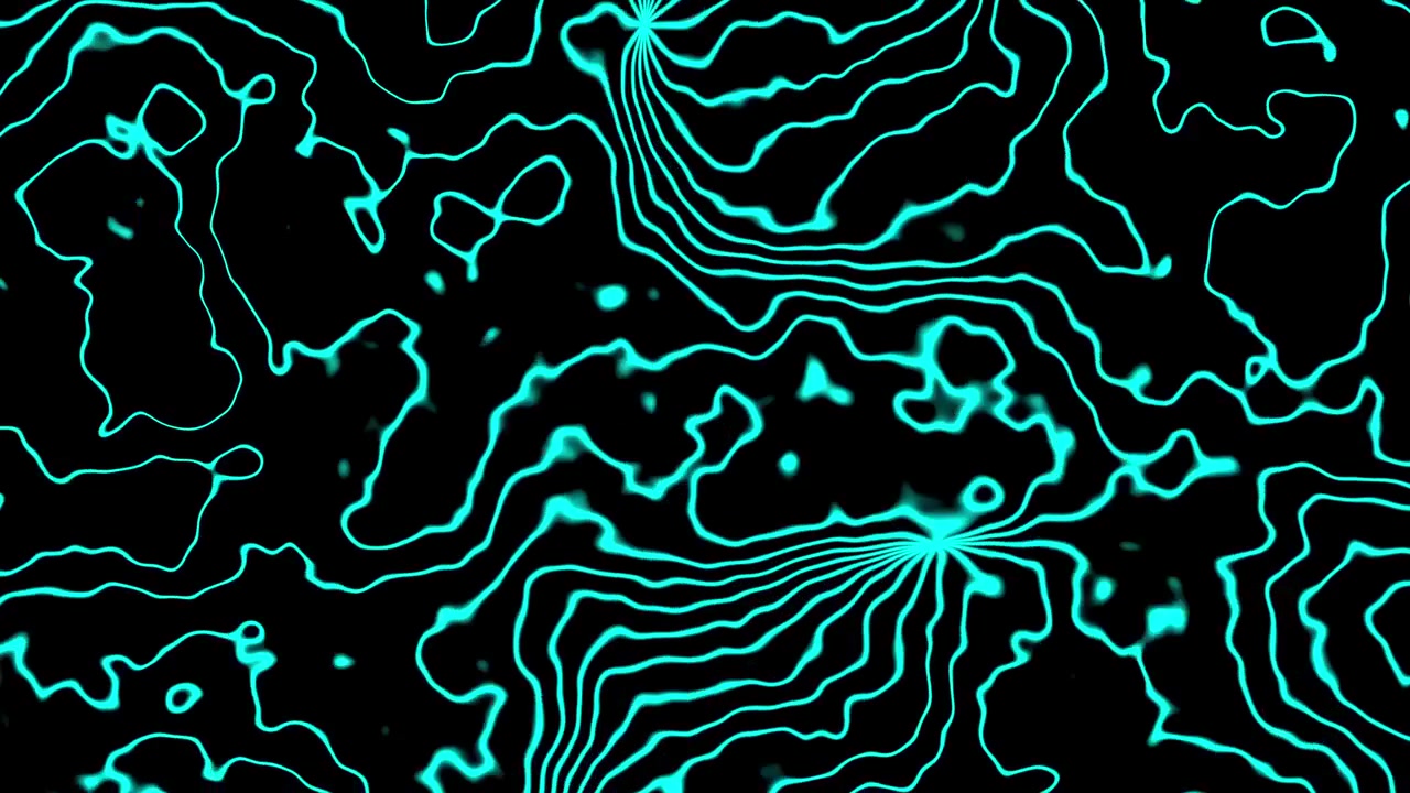 Video of abstract cyan glowing topographic map texture with wavy lines on black background