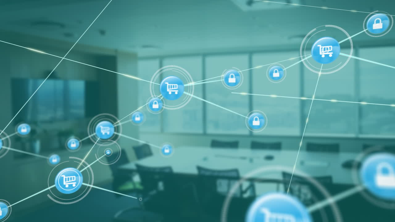 사무실 설정 위에 쇼핑 카트 및 잠금 아이콘을 가진 전자 상거래 보안 애니메이션