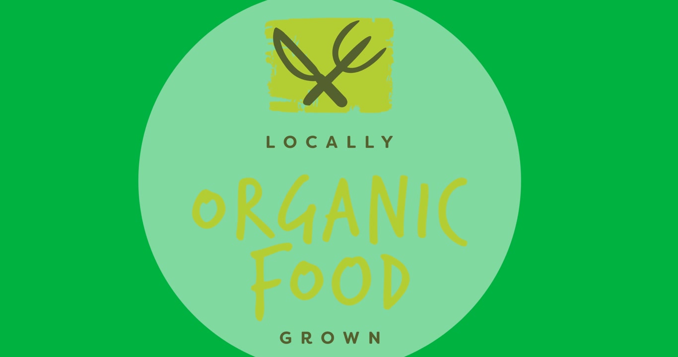 Digital animation of organic food text over a grey round banner on black background
