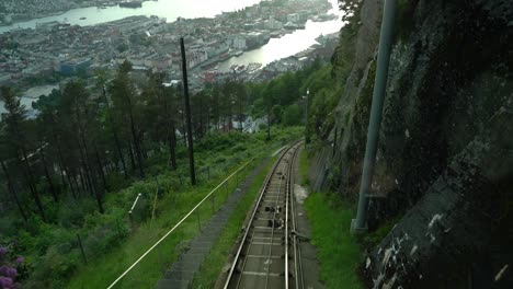 bergen floibanen funicular ride pov. floibanen funicular connects the city centre with the mountain of floyen, with its mountain walks and magnificent views of the city.