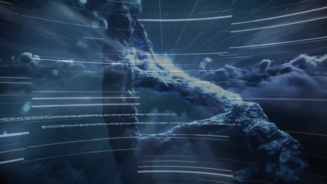 검은 바탕의 구름 위의 데이터 처리 및 dna  ⁇ 의 애니메이션