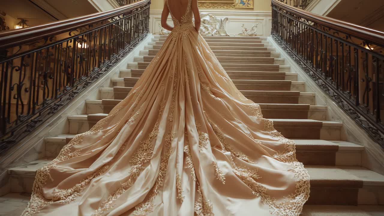 Bride in Elegant Wedding Dress on Grand Staircase