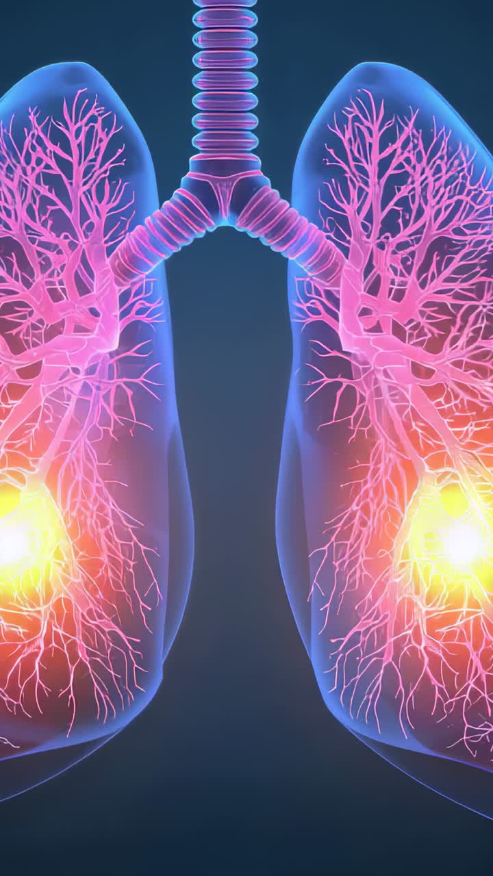 Video verticale: visualizzazione dei polmoni e delle vie aeree con lo sviluppo di zone sensibili luminose nel lobo inferiore, trachea e bronchi