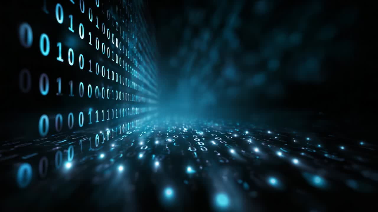 Exploring the Vastness of Digital Data: A Journey Through a Tunnel of Binary Code Represented by Glowing Numbers Sparkling in an Ethereal Blue Light with a Deep Sense of Infinity and Technology