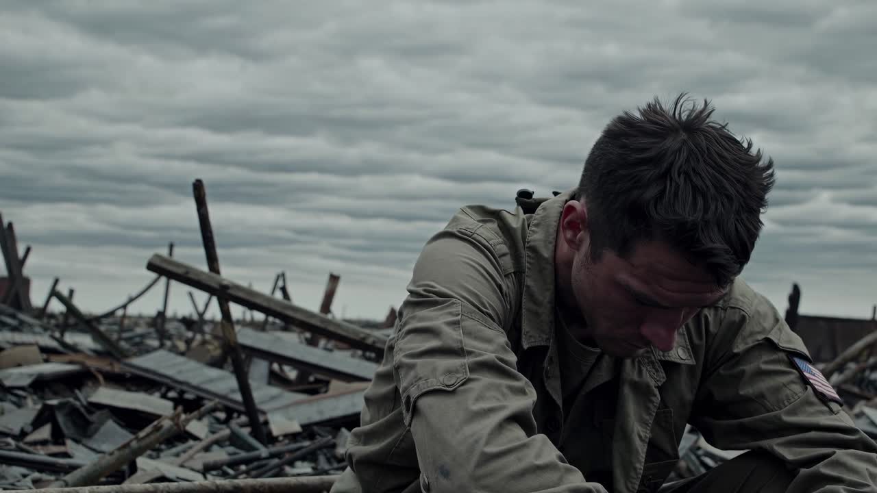 Depressed american soldier sitting amidst debris and destruction, contemplating the aftermath of war, expressing sadness, despair, and the heavy emotional toll of conflict
