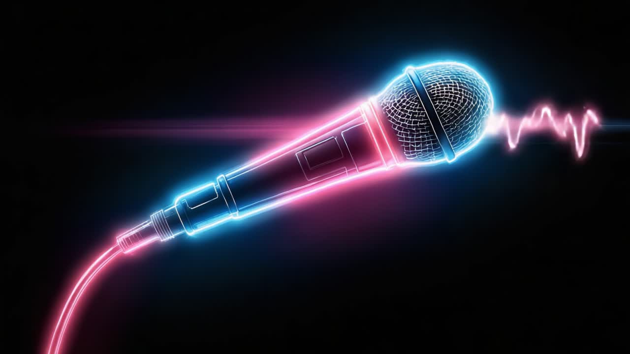 A Vibrant Neon Microphone Capturing Sound Waves in a Dark Setting, Highlighting the Art of Music and Live Performances with Eye-Catching Visuals