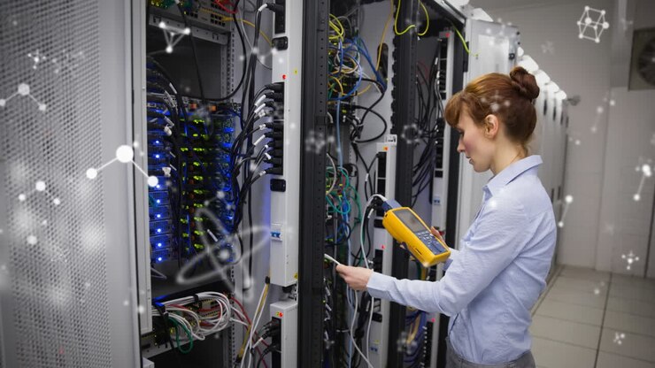Animation of shapes moving over caucasian female worker inspecting server room