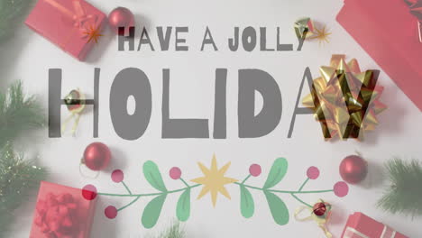 have jolly holiday text animation over christmas decorations with gifts and ornaments