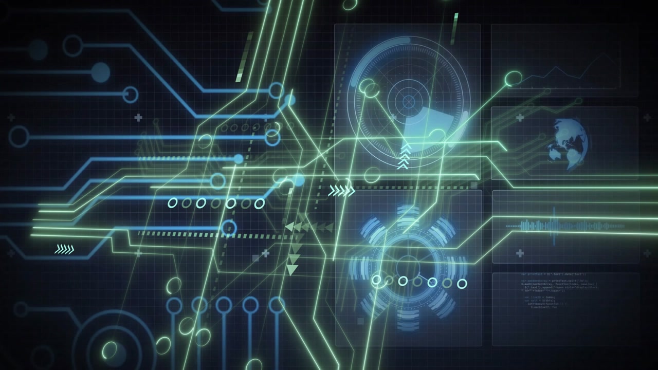 Dark grid initiating green, blue circuitry expanding panels hosting meter gear animating data flow