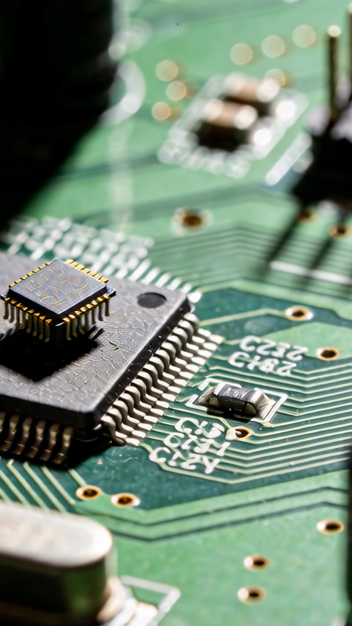 Vertical video: Camera pulling focus, large IC with small gold chip coming into focus on PCB bench