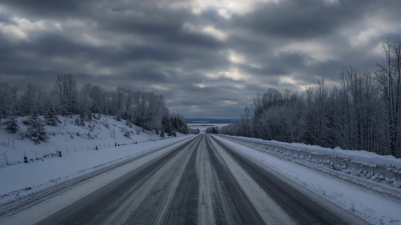 Driving dashcam moving as vehicle starting down snowy rural highway, showing tire tracks and pole