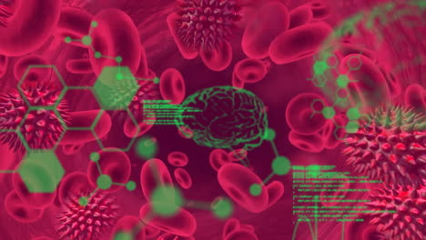 animación del procesamiento de datos con fórmula química sobre células de sangre y virus
